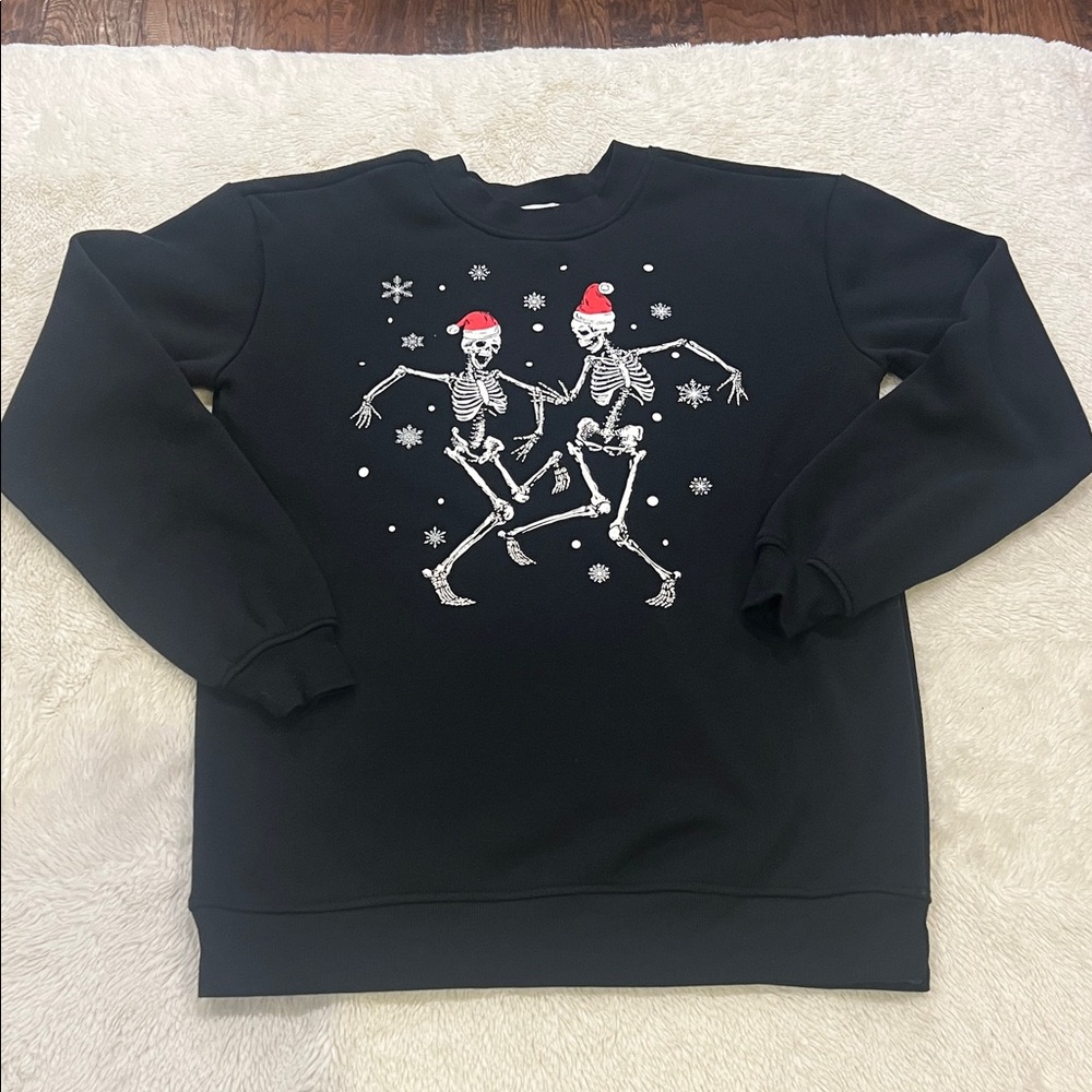 Better Together Holiday Sweatshirt Dancing Skeletons in Santa Hats Black XS